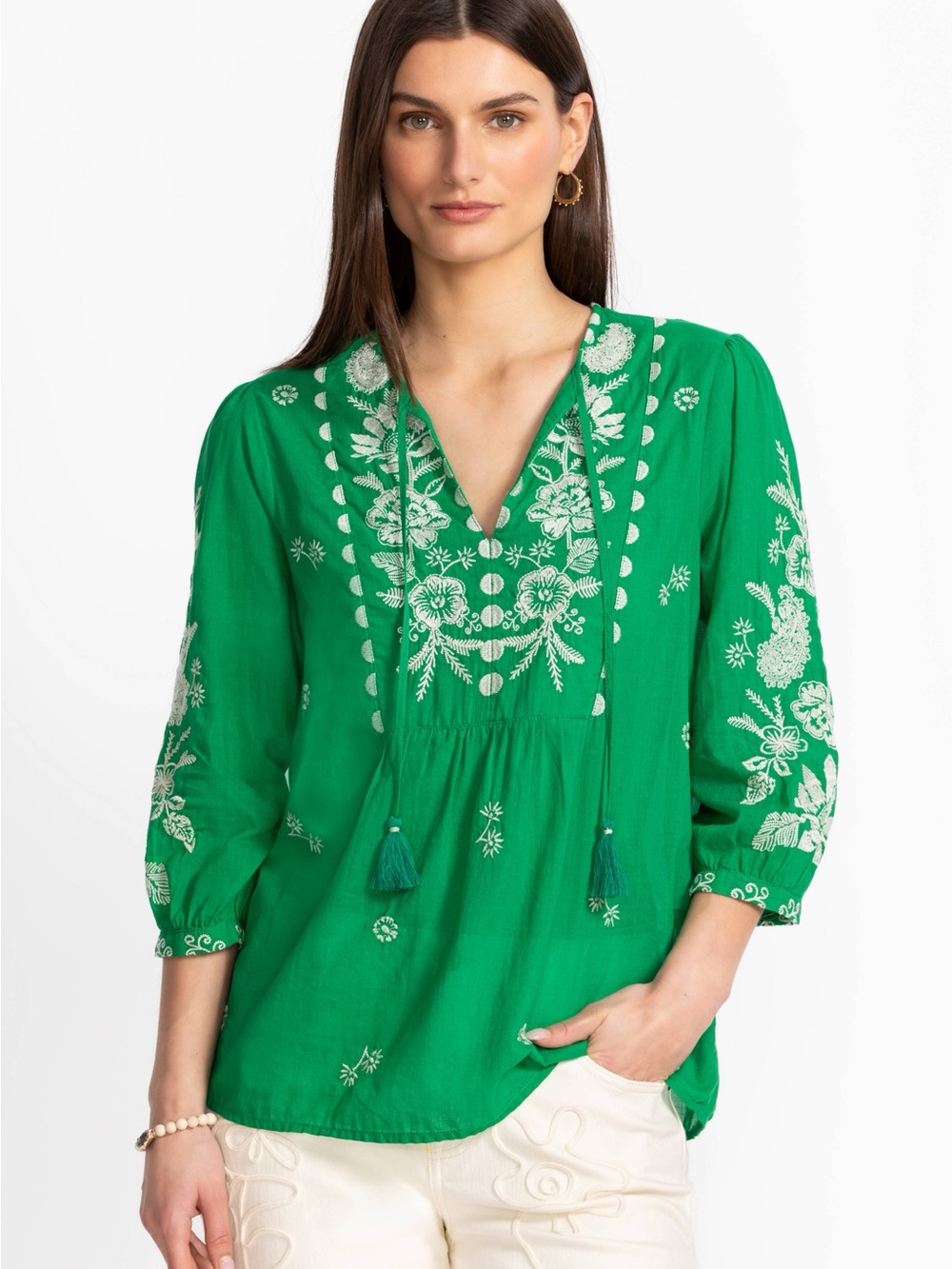 Johnny Was 3/4 Sleeve Prairie Blouse Green Size Large